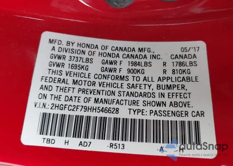 2017 Honda Civic Ex из США, поврежденный, VIN 2HGFC2F79HH546628